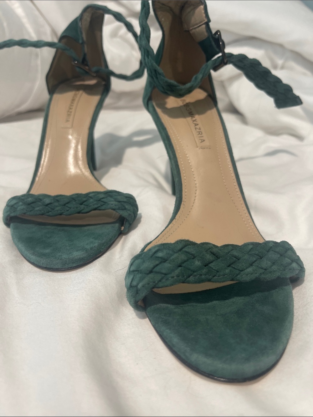 BCBG Maxazria Beautiful Teal Suede Braided Ankle-Tie Sandals